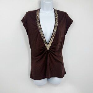 Vintage Y2K Brown Shirt Size Large Fairycore Whimsical Sequins Boho